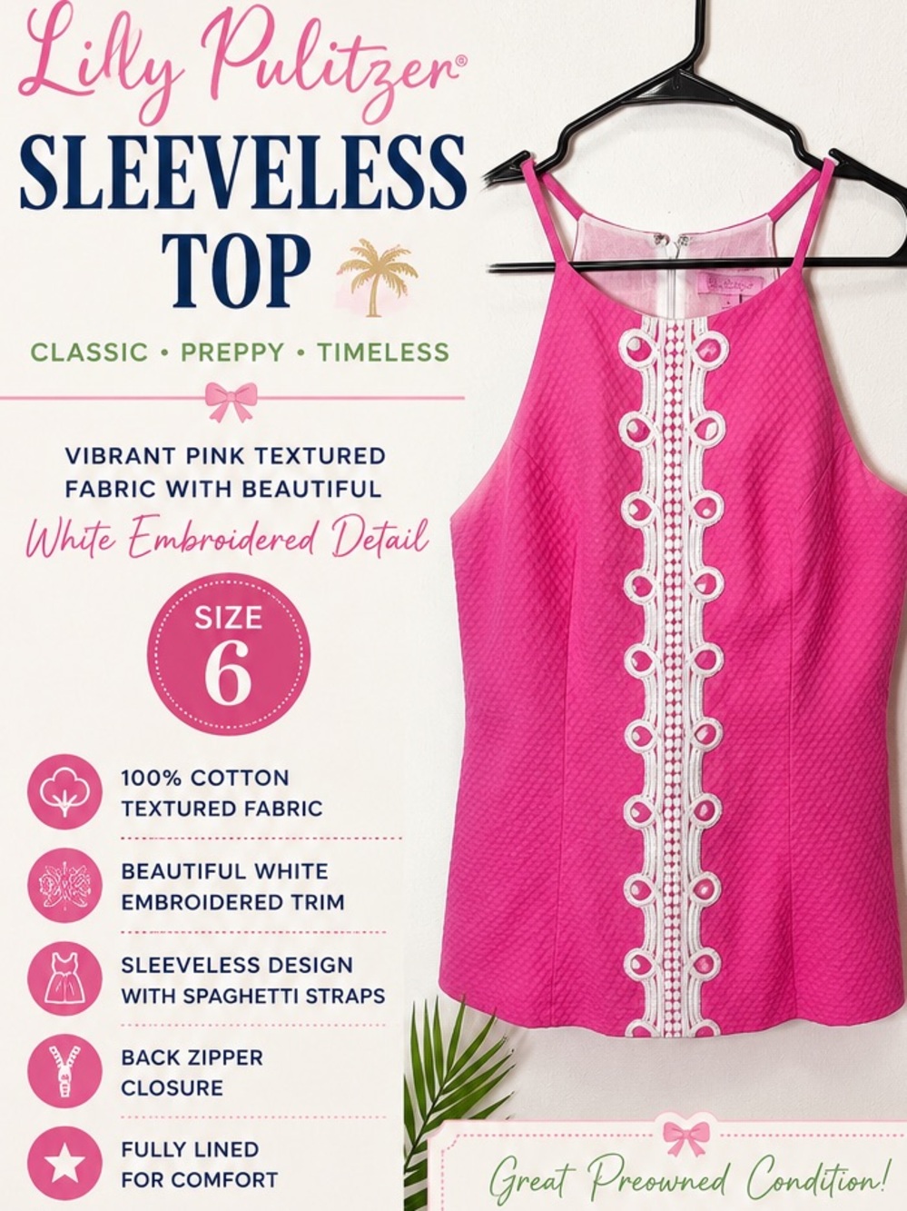 Lilly Pulitzer Hot Pink Sleeveless Tank with White Embroidered Center
